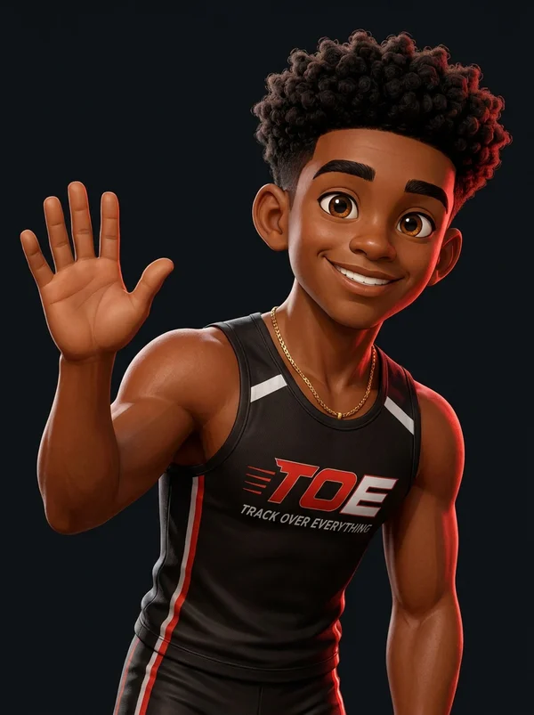 Coach Ace, the official AI Coach of Track Over Everything, waving